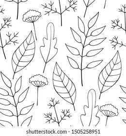 Vector Hand Drawn Seamless Floral Pattern Of Plants, Leaves And Flowers. Contour Natural Pattern On A White Background. Coloring Book Page.