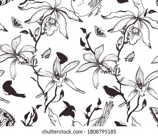 Vector hand drawn seamless floral pattern with orchid flowers, birds and butterflies, in trellis style.