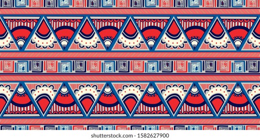 Vector hand drawn seamless folk pattern. Ethnic decorative tribal aztec african design. Background triangle geometric with colorful brushstroke.