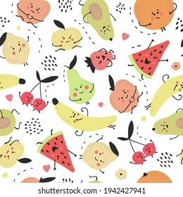 Vector hand drawn seamless fruit pattern. Color cute funny summer texture on white background. Healthy food trendy modern print. Bananas, avocado, watermelon, pear, cherries, peach, orange.