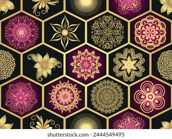 Vector hand drawn seamless geometric pattern of hexagons iwith golden mandalas and flowers