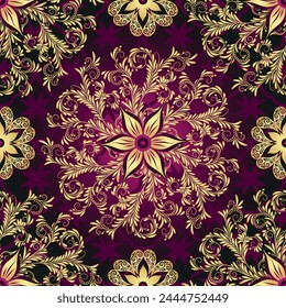 Vector hand drawn seamless geometric purple gradient pattern with golden floral mandalas 