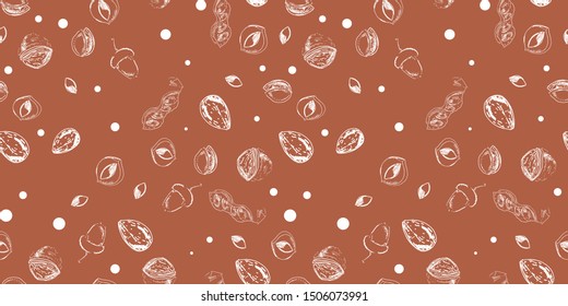 Vector hand drawn seamless nuts brown background wrapping paper
