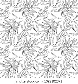 Vector hand drawn seamless olive pattern. Olive branch background. Olive decorative texture - Vector