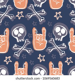 Vector hand drawn seamless patern. Skulls, bones, rock music symbols, stars. This is a cool creative design for young people, teenagers, rock musicians, bikers.