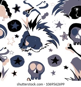 Vector hand drawn seamless patern. Skulls, bones, rock music symbols, stars. This is a cool creative design for young people, teenagers, rock musicians, bikers.