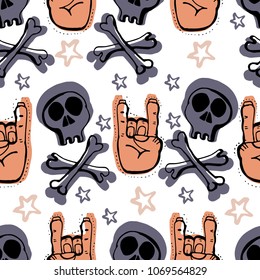 Vector hand drawn seamless patern. Skulls, bones, rock music symbols, stars. This is a cool creative design for young people, teenagers, rock musicians, bikers.