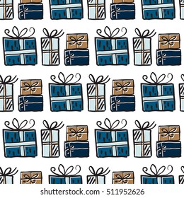 Vector hand drawn seamless patten with presents. Christmas design. Festive background. Blue, white, black and beige colors