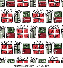 Vector hand drawn seamless patten with presents. Christmas design. Festive background. Green, red and brown colors
