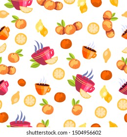 Vector hand drawn seamless patter with hot tea, cup, lemon, green leaves and orange. Background for eco products, apparel, green tea, café menu. Isolated on white.