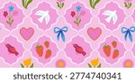 Vector hand drawn seamless pattern in simple doodle sketchy floral wavy and groovy naive style, dopamine and cottage core aesthetic, delicate gentle girlie backgrounds and modern art prints, surface design, spring abstract blooming stationery and card design, spring and summer flowers and plants