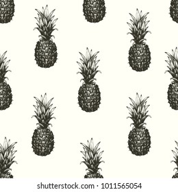 Vector hand drawn seamless pattern with pineapple. Tropical summer fruit retro engraved style illustration. Can be use for adversiting, packaging, greeting cards, posters. Vintage background.
