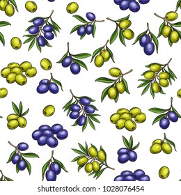 Vector hand drawn seamless pattern with olives and tree branches for design food product and olive oil label. Illustration in retro style.