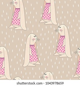 Vector hand drawn seamless pattern with cute bunnies