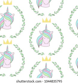 Vector hand drawn seamless pattern with Unicorns, wreath and crowns.
