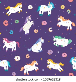 Vector hand drawn seamless pattern of cute unicorns with donuts.