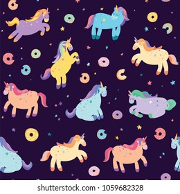 Vector hand drawn seamless pattern of cute unicorns with donuts.