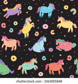 Vector hand drawn seamless pattern of cute unicorns with donuts.