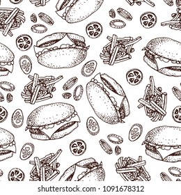 Vector hand drawn seamless pattern of burgers, french fries, tomato and onion. Hand drawn set of fast food.  Isolated on white. For restaurant, menu, street food, bakery, cafe, flyer