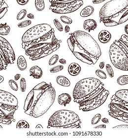 Vector hand drawn seamless pattern of burgers,  tomato and onion. Hand drawn set of fast food.  Isolated on white. For restaurant, menu, street food, bakery, cafe, flyer