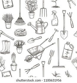 Vector hand drawn seamless pattern gardening with tools, flowers , Rubber boots, seedling, tulips, gardening can or fertilizer, glove, crocus and etc. for design garden center.