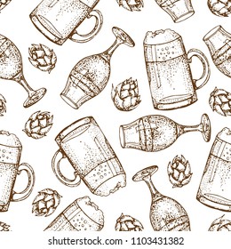 Vector hand drawn seamless pattern of beer glass mug. Hops and wheat. Isolated on white background. Graphic texture for restaurant template. For restaurant, pub, bar,oktoberfest