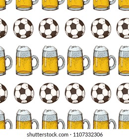 Vector hand drawn seamless pattern of beer glass mug and soccer ball. Isolated on white background. Graphic texture for football pub. For web, poster, invitation to beer party or watching a sports mat