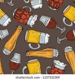 Vector hand drawn seamless pattern of beer glass mug. Craft beer. Graphic texture for restaurant template. For restaurant , pub, bar, oktoberfest