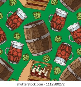 Vector hand drawn seamless pattern of beer glass mug and kegs wood. Hops cones. Home brewing, crafted beer. Cartoon background. Graphic texture for restaurant of craft beer. For pub, bar, oktoberfest