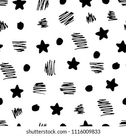Vector hand drawn seamless pattern of stars, scribbles and dots.