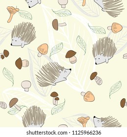 Vector hand drawn seamless pattern with cute hedgehogs