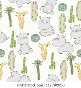 Vector hand drawn seamless pattern with cactuses and hippos