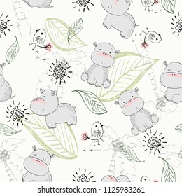 Vector hand drawn seamless pattern with leaves and hippos