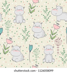 Vector hand drawn seamless pattern with cute hippos