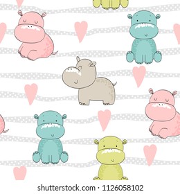 Vector hand drawn seamless pattern with cute hippos