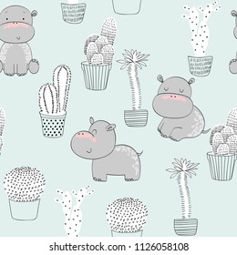 Vector hand drawn seamless pattern with cactuses and hippos