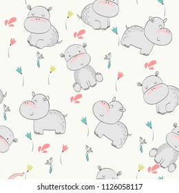 Vector hand drawn seamless pattern with cute hippos