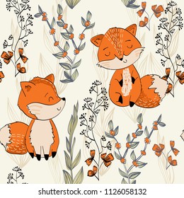 Vector hand drawn seamless pattern. Cute cartoon fox.