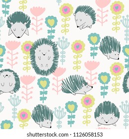 Vector hand drawn seamless pattern with cute hedgehogs