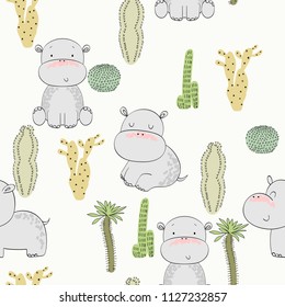 Vector hand drawn seamless pattern with cactuses and hippos