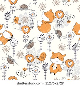 Vector hand drawn seamless pattern. Cute cartoon fox with flowers.