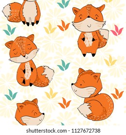 Vector hand drawn seamless pattern. Cute cartoon fox.