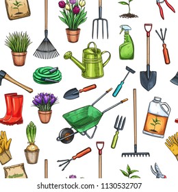 Vector hand drawn seamless pattern gardening with tools, flowers , Rubber boots, seedling, tulips, gardening can or fertilizer, glove, crocus and etc. for design garden center.