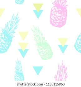 Vector hand drawn seamless pattern with colored pineapple. Retro engraved style background for menu, fabric, wallpaper, packaging. Vector sketch, tropical exotic fruit.