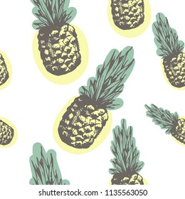 Vector hand drawn seamless pattern with colored pineapple. Retro engraved style background for menu, fabric, wallpaper, packaging. Vector sketch, tropical exotic fruit.