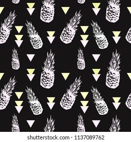 Vector hand drawn seamless pattern with colored pineapple. Retro engraved style background for menu, fabric, wallpaper, packaging. Vector sketch, tropical exotic fruit.