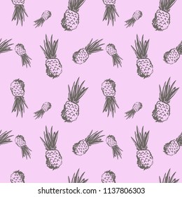Vector hand drawn seamless pattern with colored pineapple. Retro engraved style background for menu, fabric, wallpaper, packaging. Vector sketch, tropical exotic fruit.