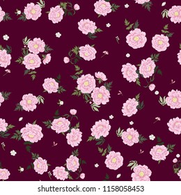 Vector hand drawn seamless pattern in garden flowers of peonies. Floral background for dress, home design, wallpaper, print or other.