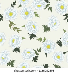 Vector hand drawn seamless pattern in garden flowers of peonies. Floral background for dress, home design, wallpaper, print or other.