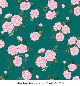 Vector hand drawn seamless pattern in garden flowers of peonies. Floral background for dress, home design, wallpaper, print or other.